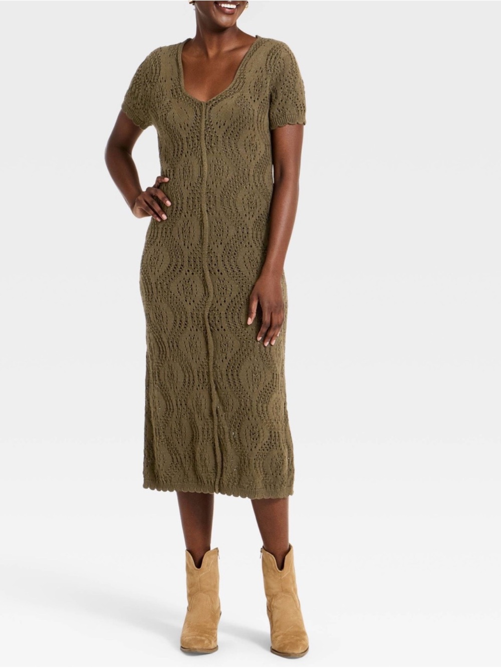 Universal Thread Olive Knit Midi Dress with Scoop Neck